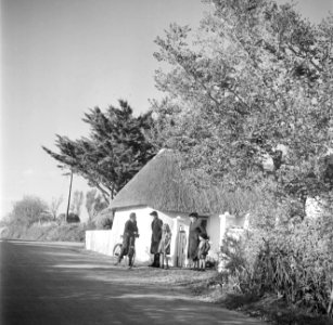 Groep mensen pratend voor een cottage met rieten dak bij Rosslare, Bestanddeelnr 191-0904