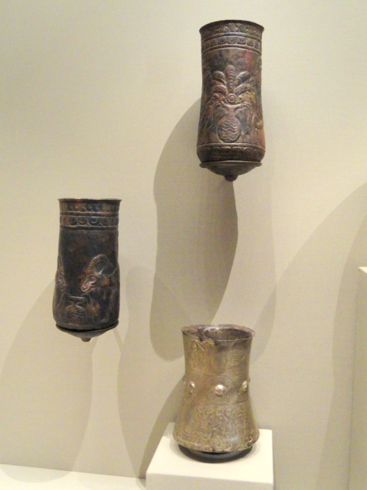 Hero and Animal Combat Beaker, silver, with Pair of Button-Based Situlae, bronze, all items 900-700 BC, Luristan, Iran - Cleveland Museum of Art - DSC08155