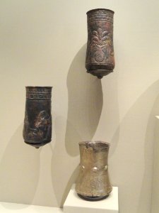 Hero and Animal Combat Beaker, silver, with Pair of Button-Based Situlae, bronze, all items 900-700 BC, Luristan, Iran - Cleveland Museum of Art - DSC08155