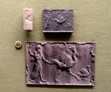 Hero pursuing two ostriches, Mesopotamia, Middle Assyrian period, c. 12th-11th century BC, marble cylinder seal - Morgan Library & Museum - New York City - DSC06607