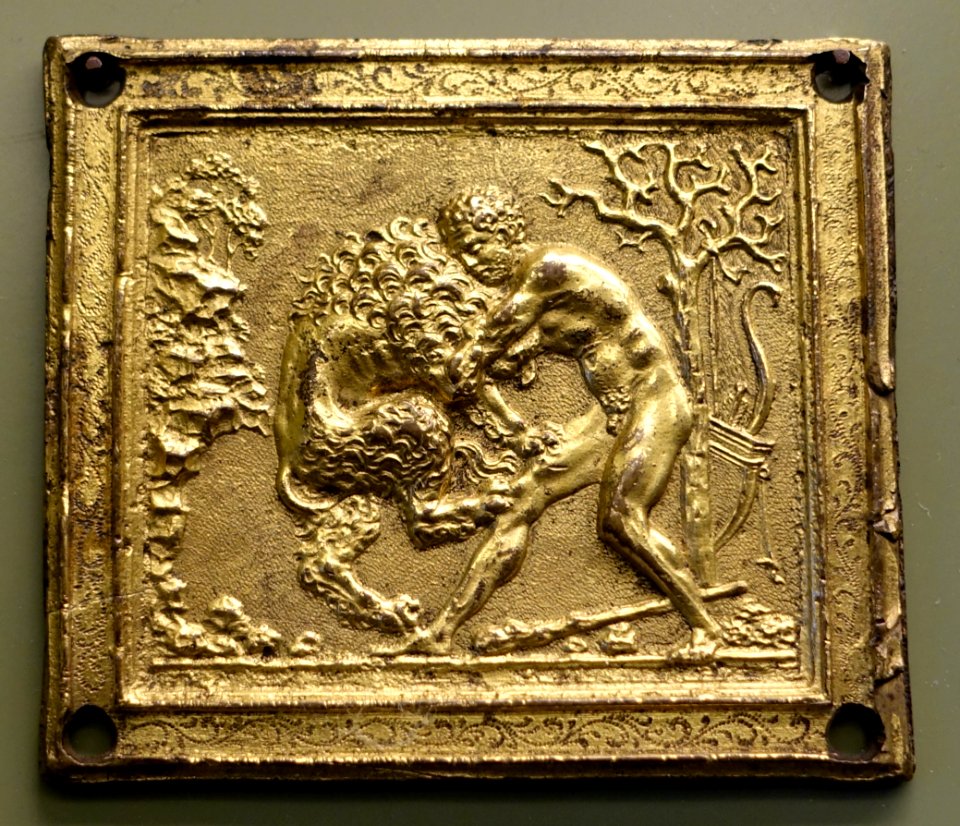 Hercules and the Nemean Lion, Galeazzo Mondella (Moderno), late 15th to mid 16th century AD, gilt bronze - Bode-Museum - DSC02506