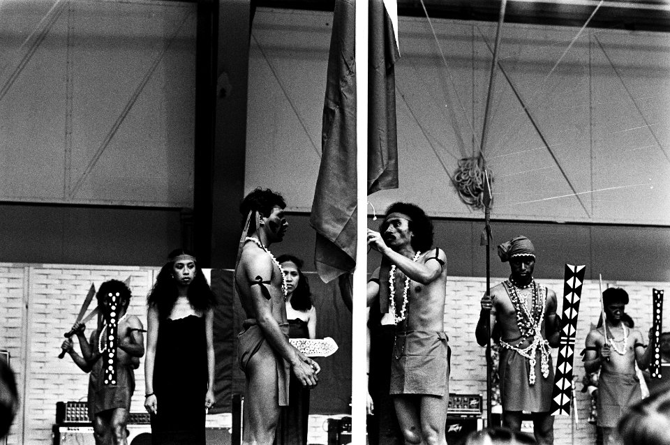 Herdenking van uitroepen van Republiek der Zuid-Molukken Houtrusthallen in Den Haag , de ceremonie tijdens het hijsen van de RMS-vlag, Bestanddeelnr 931-4496