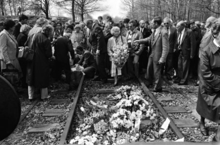 Herdenking bevrijding voormalig kamp Westerbork 40 jaar geleden bloemen leggen, Bestanddeelnr 933-3002