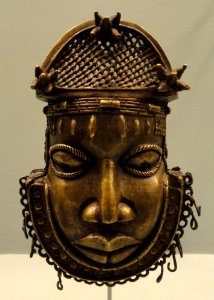 Hip ornament representing the head of a Benin court official, unknown artist(s), attributed to the early 18th century, brass and iron - Hood Museum of Art - DSC09155