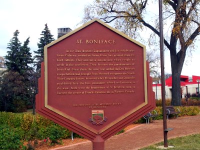 Historic Sites Advisory Board of Manitoba sign for St Boniface neighbourhood in Winnipeg, Manitoba