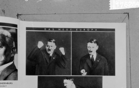 Hitler tijdens redevoering, Adolf Hitler (met gebalde vuisten), Bestanddeelnr 917-6264