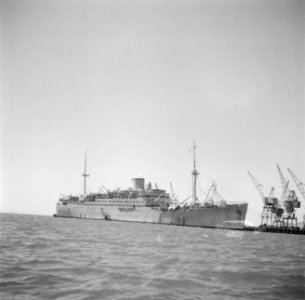 Het repatriëringsschip MS Tegelberg aan de kade van Adabya (Egypte), Bestanddeelnr 255-6850