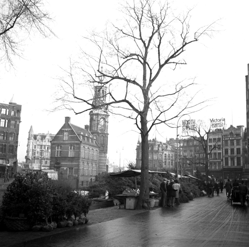 Het Singel in Amsterdam met een schip met kerstbomen, Bestanddeelnr 254-2335