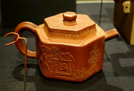 Hexagonal teapot with stamped inscription and landscape design, by Shao Yuting, Yixing ware, China, late 1700s AD, stoneware - Portland Art Museum - Portland, Oregon - DSC08422