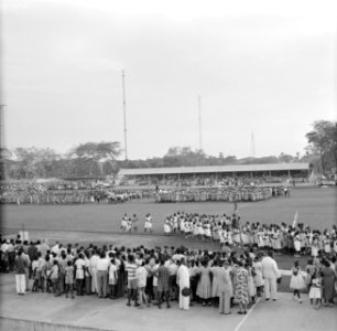 Het publiek bij de ontvangst van het koninklijk gezelschap in het stadion van Pa, Bestanddeelnr 252-4746