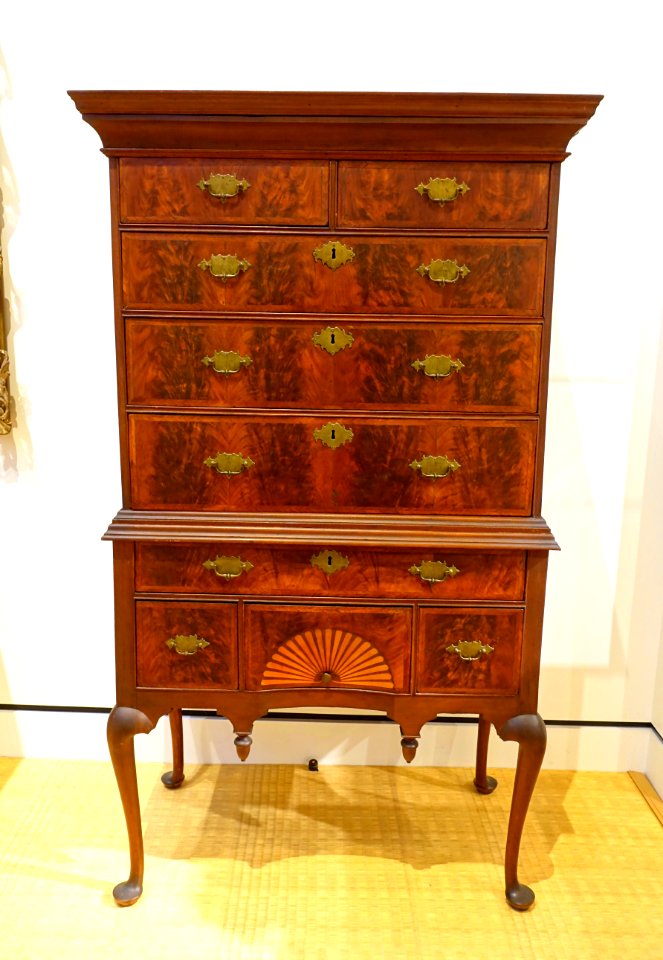 High chest of drawers, unknown maker, Boston or Essex County MA, c. 1760, walnut, pine, brass - Peabody Essex Museum - DSC06914