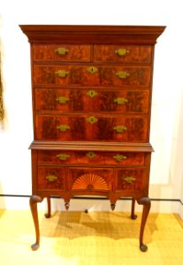 High chest of drawers, unknown maker, Boston or Essex County MA, c. 1760, walnut, pine, brass - Peabody Essex Museum - DSC06914