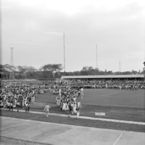 Het publiek bij de ontvangst van het koninklijk gezelschap in het stadion van Pa, Bestanddeelnr 252-4747