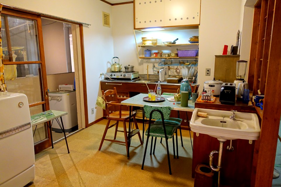 Hibarigaoka Housing Complex kitchen, model of 1962 AD period 2DK-type unit, scale 1 to 1 - Edo-Tokyo Museum - Sumida, Tokyo, Japan - DSC06975