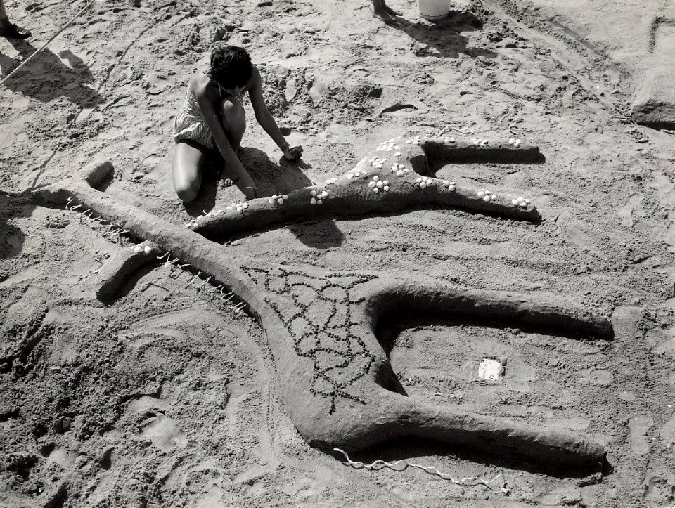 Het strand, tijdens een zandbouwwedstrijd voor de jeugd, waarbij het 16-jarige duitse meisje Margrit Fissmann uit Duisburg de eerste prijs won. Aangekocht in 1959 van fotograaf C. de Boer. I, NL-HlmNHA 54004635
