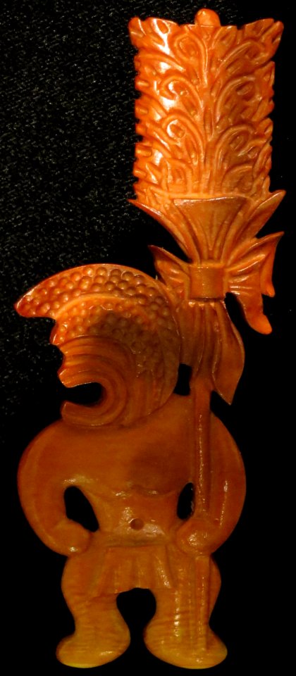 Hawaii school carved ivory brooch depicting Hawaiian warrior with mahiole and kahili, Honolulu Museum of Art