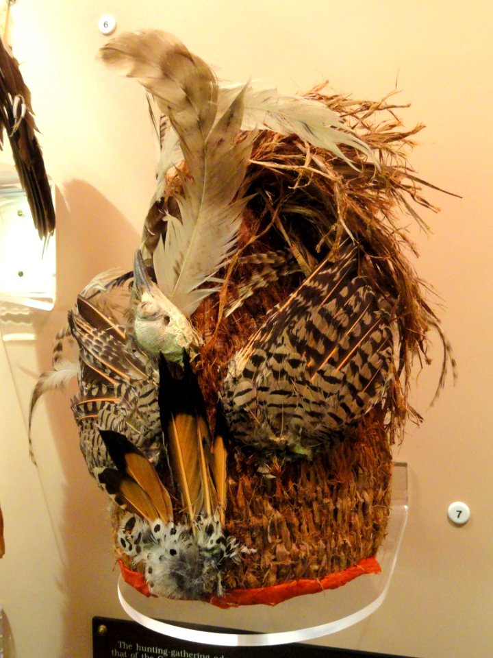 Hat, Thompson River, cedar bark with birds and feathers, date unknown - Native American collection - Peabody Museum, Harvard University - DSC05579