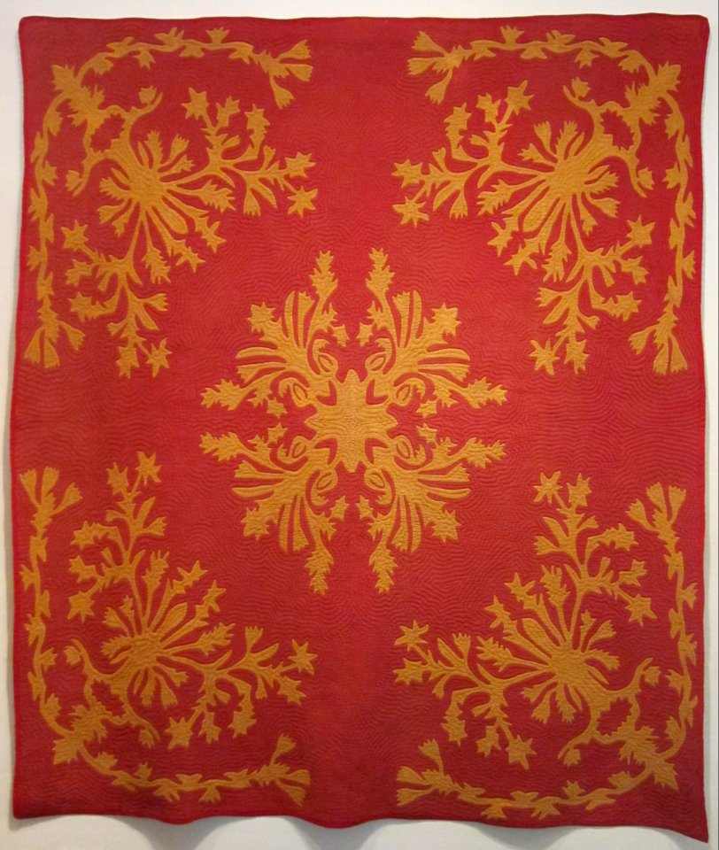 Hawaiian quilt, 'Ka Ua Kani Lehua' (The Rain that Rustles Lehua Blossoms), late 19th century
