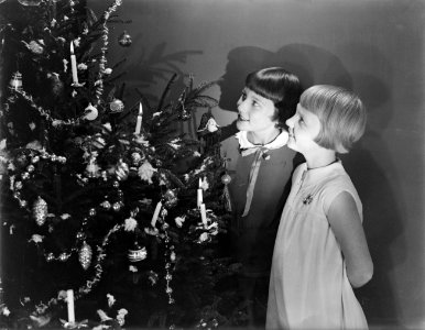 Hans en Renée (stiefdochters van Van de Poll) kijken naar een versierde Kerstboo, Bestanddeelnr 252-0957