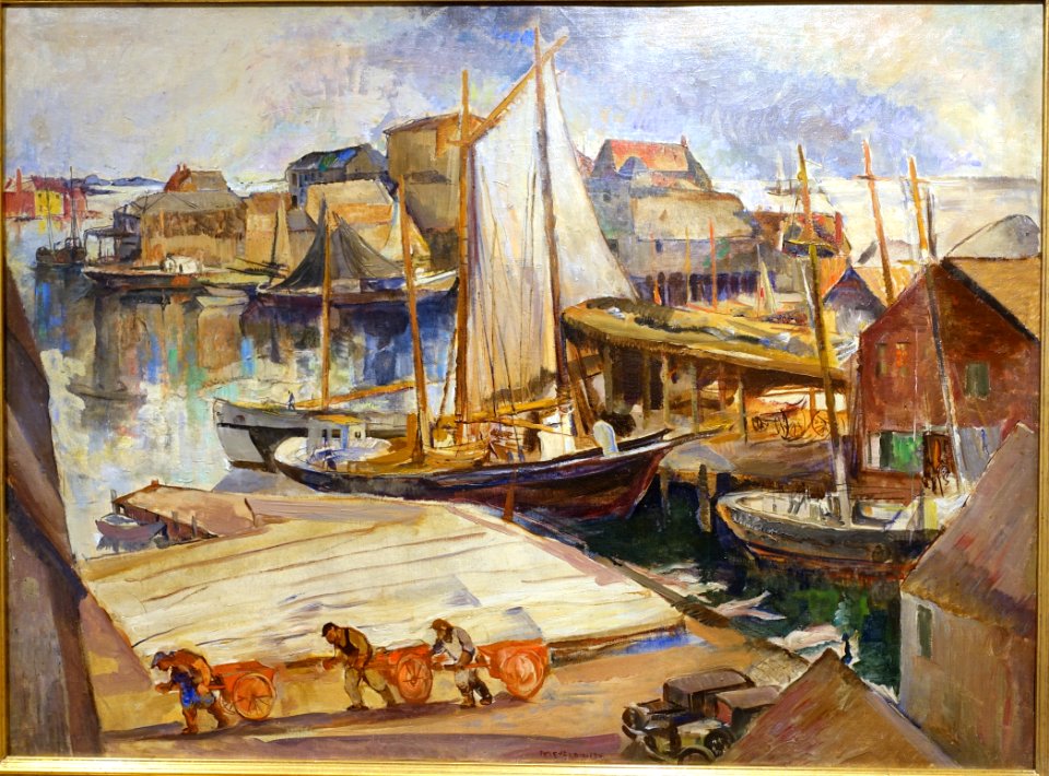 Harbor Cove, the Fort and Cunningham & Thompson Wharf, by William Meyerowitz, c. late 1920s, oil on canvas - Cape Ann Museum - Gloucester, MA - DSC01414
