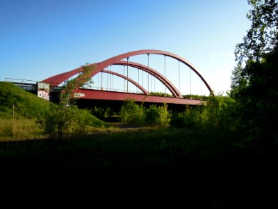 Harthbogen-Brücke bzw. Bauwerk 48.1 der Südumgehung Leipzig als Teil der BAB 38 -Ansicht-von-Nord- Anfang Mai 2018