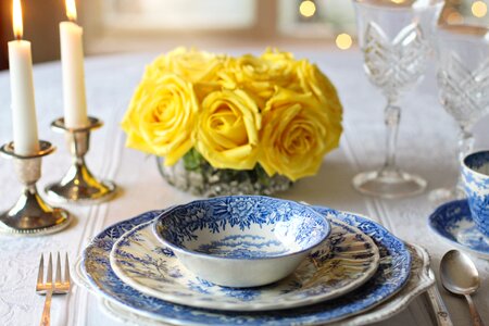 Blue transfer ware blue dishes yellow roses photo