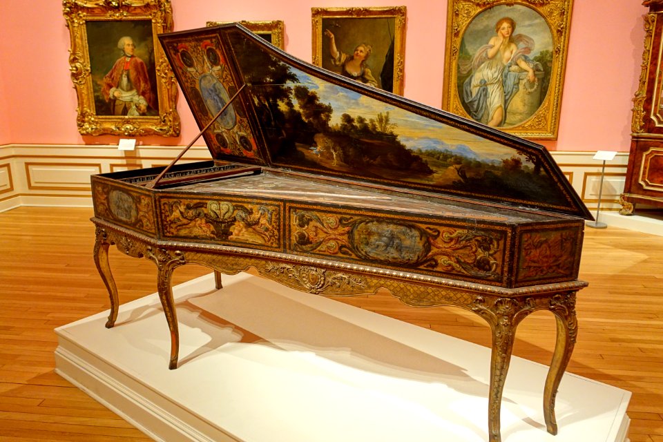Harpsichord with Apollo and Daphne, by Claude Jacquet, view 1, French, 1652, carved, painted, and gilt wood - John and Mable Ringling Museum of Art - Sarasota, FL - DSC00795