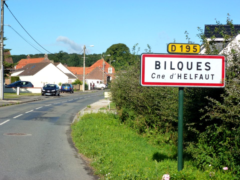 Helfaut (Pas-de-Calais, Fr) city limit sign Bilques