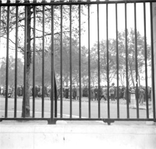 Hek rondom het Hyde Park op de achtergrond Hyde Park Corner met een spreker op , Bestanddeelnr 254-1978