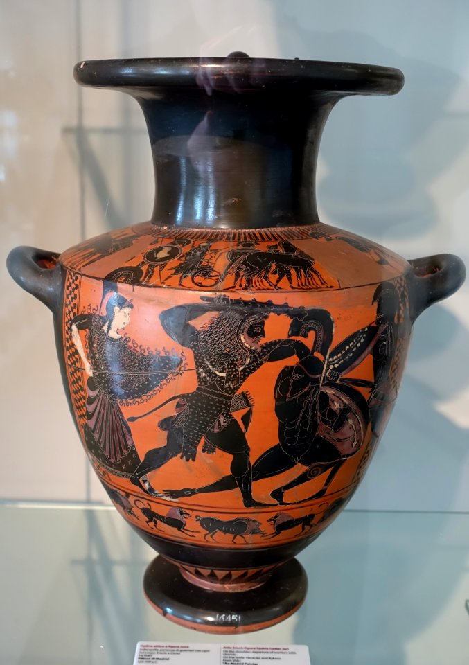 Herakles and Kyknos, Attic black-figure hydria, by the Madrid Painter, 525-500 BC, inv. 16451 - Museo Gregoriano Etrusco - Vatican Museums - DSC01060