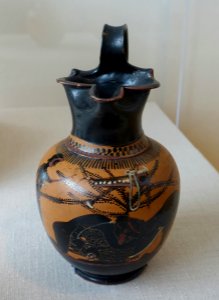 Herakles fighting the Nemean Lion, oinochoe, Greek-Attic, c. 550-500 BC, black-figure terracotta - Blanton Museum of Art - Austin, Texas - DSC07657