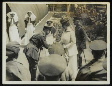 Her Majesty shaking hands with the Colonel and commandant of a hospital, Bestanddeelnr 158-0809
