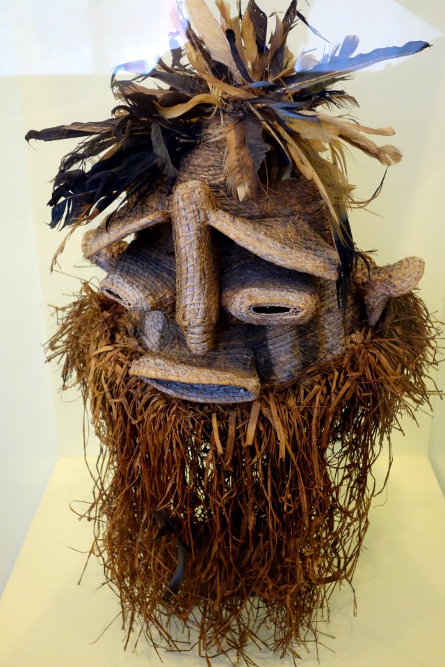Helmet mask, Luntu people, Bena Musenga Village, DR Congo, raffia, feathers, pigments - Fitchburg Art Museum - DSC08942