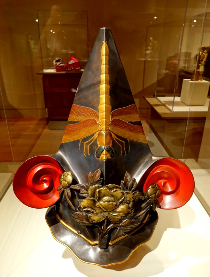 Helmet with dragonfly, Japan, 1800s AD, fabric, lacquer, brass, beetle wings - Peabody Essex Museum - DSC07569