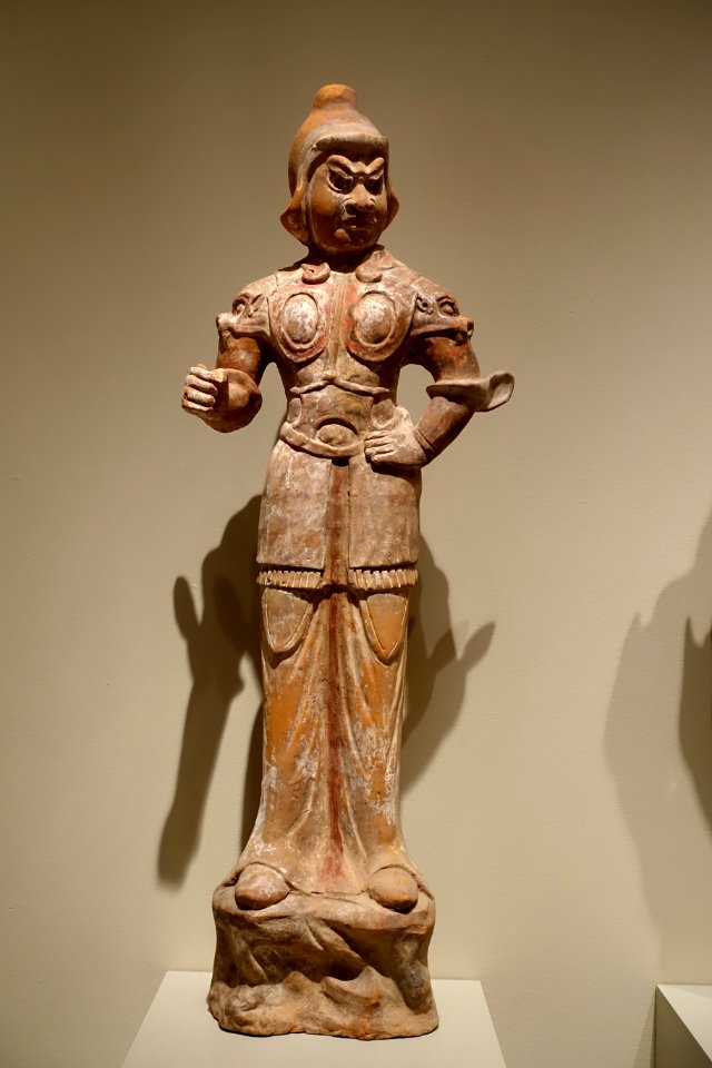 Heavenly kings (Guardian figures), 1 of 2, Shaanxi or Henan province, China, 600-700 AD, earthenware with gesso and traces of pigment - Portland Art Museum - Portland, Oregon - DSC08393
