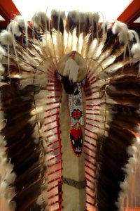 Headdress owned by Sitting Eagle (John Hunter), Nakoda, early 1900s, rear view, eagle feathers, rabbit fur, horsehair, hide, glass beads - Glenbow Museum - DSC00939
