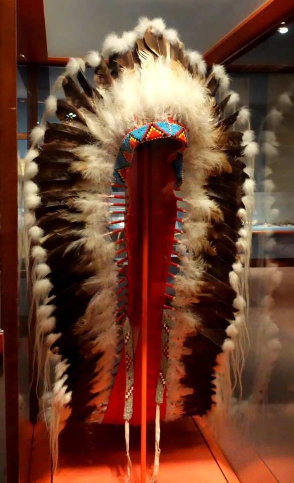 Headdress owned by Sitting Eagle (John Hunter), Nakoda, early 1900s, front view, eagle feathers, rabbit fur, horsehair, hide, glass beads - Glenbow Museum - DSC00933