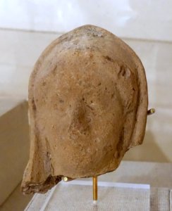 Head of female figurine, 1 of 2, Greek, Naukratis, modern Kom Gi'ef, Egypt, 525-480 BC, terracotta - Spurlock Museum, UIUC - DSC05742