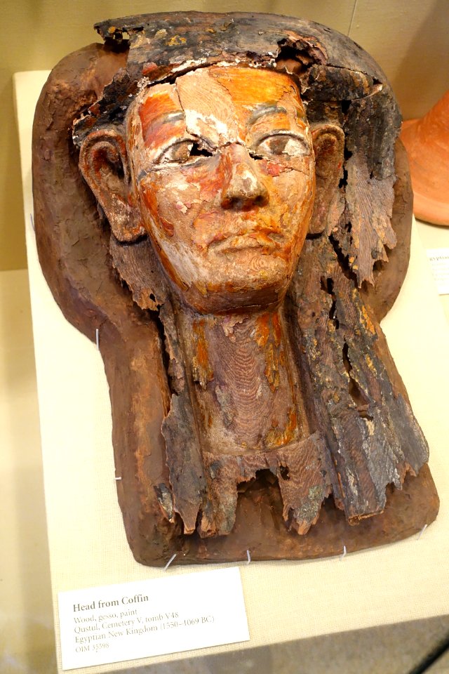 Head from coffin, Qustul, Cemetery V, tomb V48, Egyptian New Kingdom, 1550-1069 BC, wood, gesso, paint - Oriental Institute Museum, University of Chicago - DSC08047