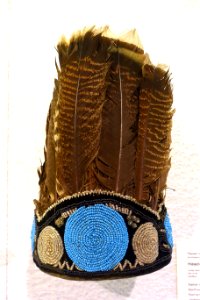 Headdress, Passamaquoddy or Penobscot, c. 1850-1900, turkey feathers, leather, glass beads - Peabody Essex Museum - Salem, MA - DSC05094