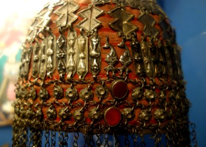Headdress, Turkmen peoples, Afghanistan, mid to late 20th century, cotton, silver, carnelian, nylon - Fernbank Museum of Natural History - DSC09948
