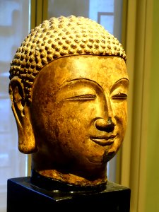 Head of a Buddha, Xiangtangshan Cave Complex, view 2, China, Hebei province, Northern Qi dynasty, datable to 560 AD, limestone - Portland Art Museum - Portland, Oregon - DSC08486