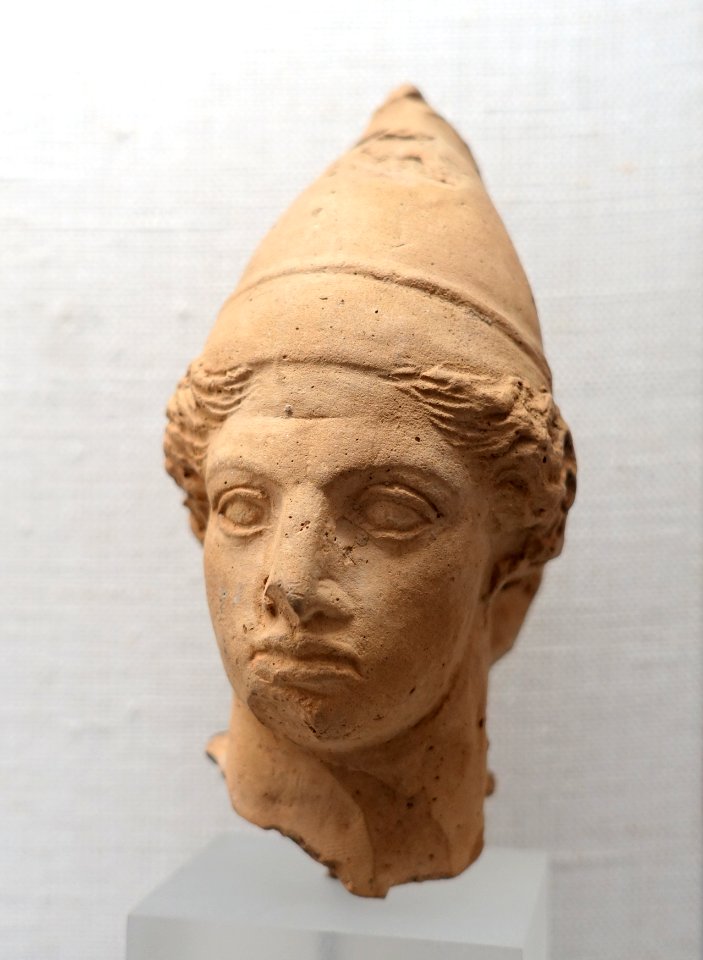 Head of a young man with felt cap (pilos), Magna Graecia, Taranto, late 5th to early 4th century BC, terracotta, H 237 - Martin von Wagner Museum - Würzburg, Germany - DSC05735