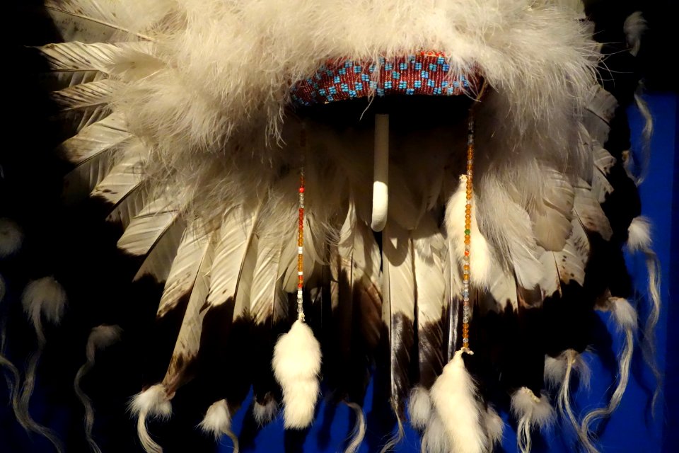 Headdress, Kainai, mid 1900s, eagle feathers, wool, horse hair, glass beads - Glenbow Museum - DSC01020