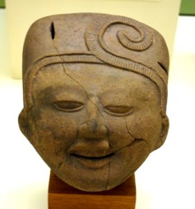 Head of a smiling figure, Veracruz, Mexico, Late Classic Period, 600-800 AD, ceramic - Fitchburg Art Museum - DSC08814