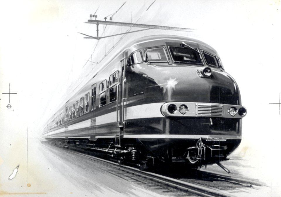 HUA-151875-Afbeelding van een gouache van een electrisch treinstel mat 1964 plan T van de NS