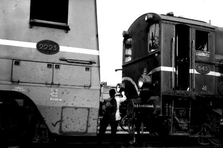 HUA-151546-Afbeelding van de diesel-electrische locomotief nr. 2223 (serie 2200-2300) van de N.S. en de diesel-electrische rangeerlocomotief nr. 643 (serie 600) van de N.S.op het emplacement te Zutphen