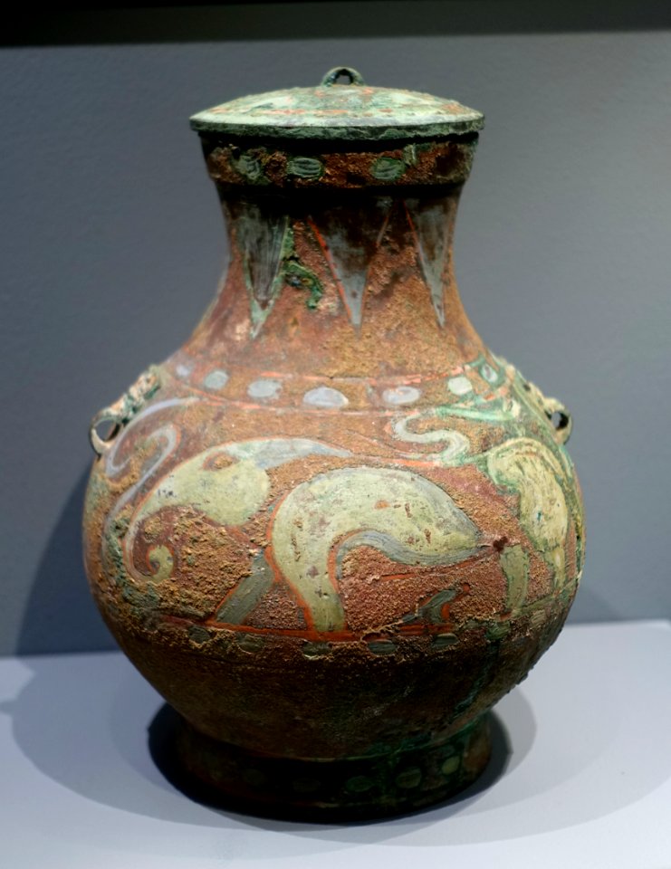 Hu (covered jar), China, Western Han dynasty, 206 BC to 9 AD, painted bronze - Middlebury College Museum of Art - Middlebury, VT - DSC08214