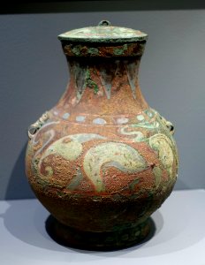 Hu (covered jar), China, Western Han dynasty, 206 BC to 9 AD, painted bronze - Middlebury College Museum of Art - Middlebury, VT - DSC08214
