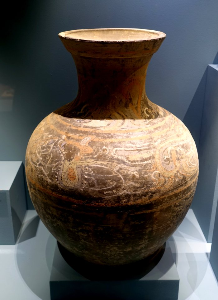 Hu (jar), China, Han dynasty, 206 BC to 220 AD, painted earthenware - Middlebury College Museum of Art - Middlebury, VT - DSC08211